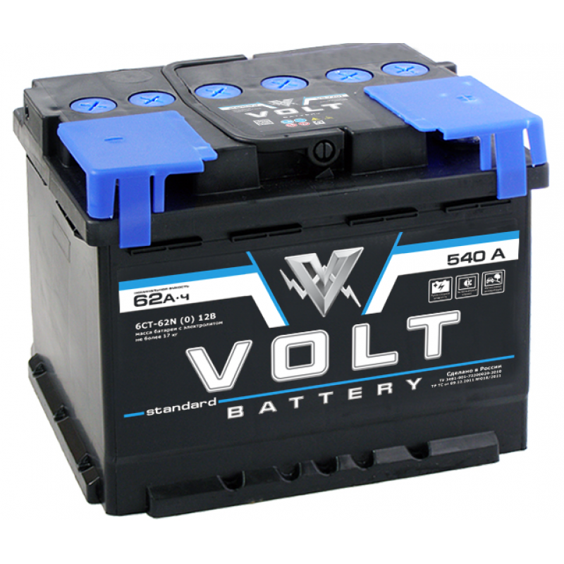 Автомобильный аккумулятор VOLT STANDARD 6CT- 62NR  62 Ач (A/h) обратная полярность - VS6201