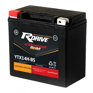 Аккумулятор RDRIVE EXTREMAL GOLD YTX14H 12.6Ач 12В 230А обратная полярность (0) Аккумулятор RDRIVE EXTREMAL GOLD YTX14H 12.6Ач 12В 230А обратная полярность (0)