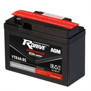 Аккумулятор RDRIVE EXTREMAL SILVER YTR4A-BS 2.4Ач 12В  обратная полярность (0) Аккумулятор RDRIVE EXTREMAL SILVER YTR4A-BS 2.4Ач 12В  обратная полярность (0)