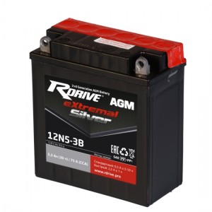 Аккумулятор RDRIVE EXTREMAL SILVER 12N5-3B 5.3Ач 12В 75А прямая полярность (1) Аккумулятор RDRIVE EXTREMAL SILVER 12N5-3B 5.3Ач 12В 75А прямая полярность (1)