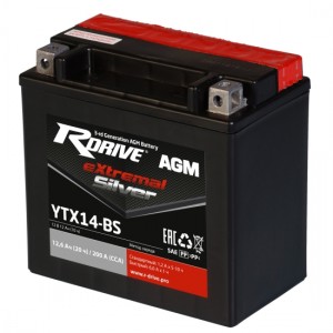 Аккумулятор RDRIVE EXTREMAL SILVER YTX14-BS 12.6Ач 12В 200А прямая полярность (1) Аккумулятор RDRIVE EXTREMAL SILVER YTX14-BS 12.6Ач 12В 200А прямая полярность (1)