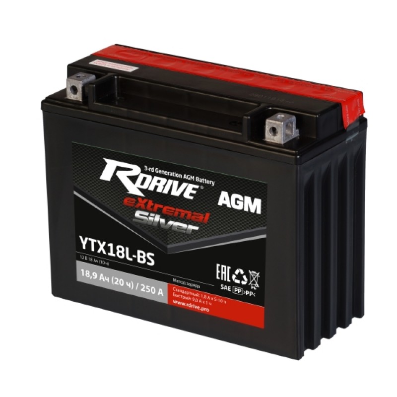 Аккумулятор RDRIVE EXTREMAL SILVER YTX18L-BS 18.9Ач 12В 250А прямая полярность (1)